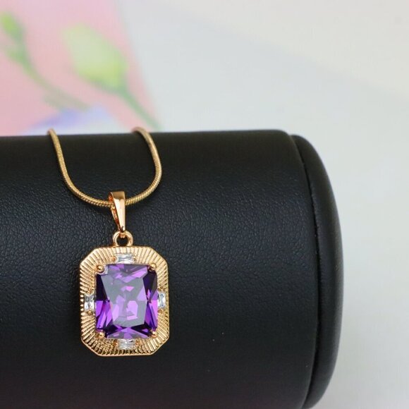 "Purple Rectangular Pendant with Gold Frame and Sparkling Accents, XPPT1786 - Picture 6 of 13